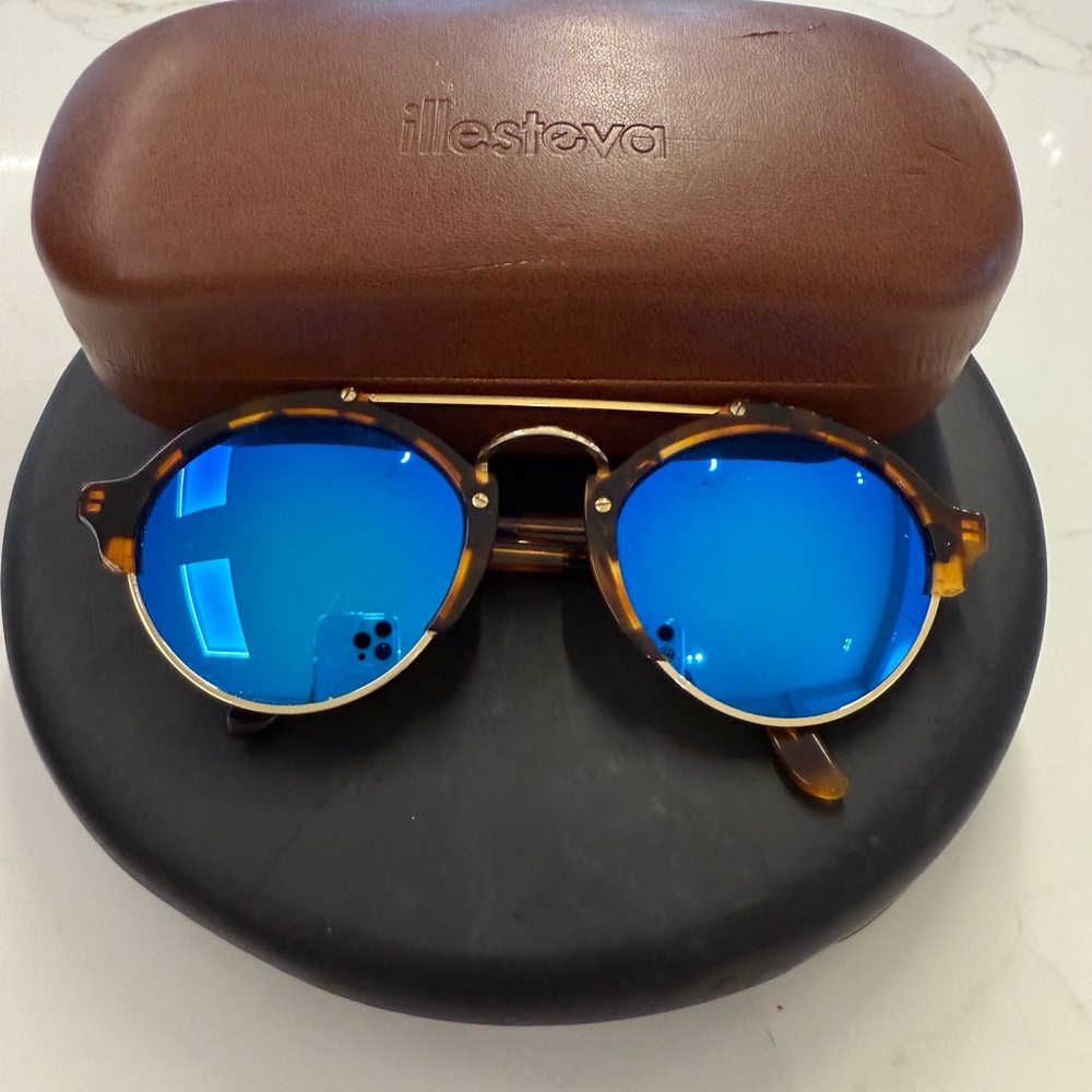 Illesteva Tortoise Frame Sunglasses with Reflective Blue Lenses